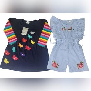 Colorful 3D Butterfly Dress and Striped Floral Kids Romper Set- Size 2/3